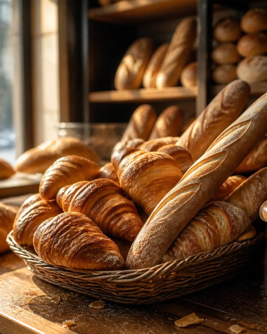 Cesta de croissants e baguetes em uma padaria de bairro