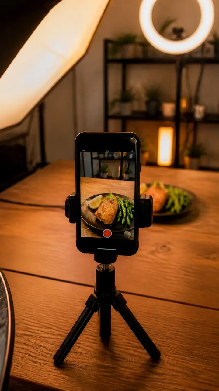 Celular em tripé gravando um prato em um estúdio de conteúdo