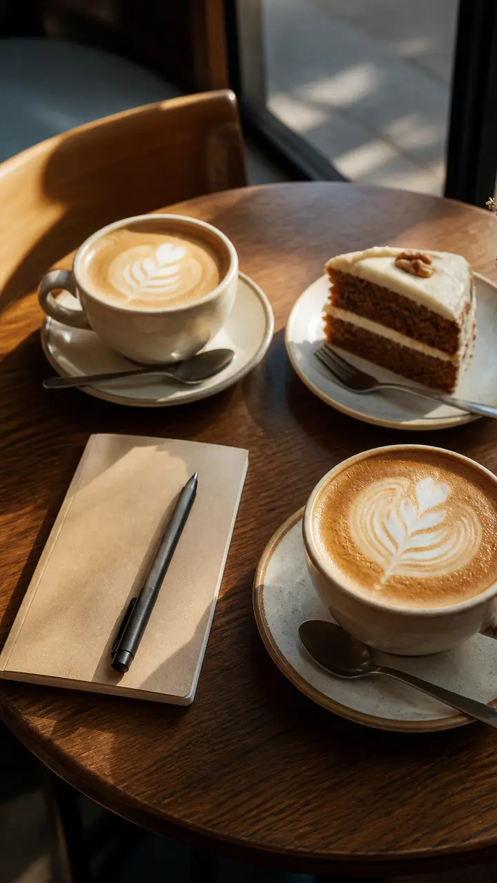 Mesa de café com dois cappuccinos e um caderno