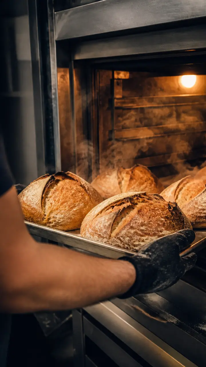 Fornada de pães saindo do forno de uma padaria