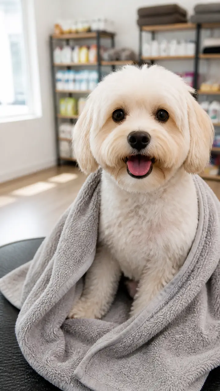 Cachorro recém-tosado enrolado em uma toalha no pet shop