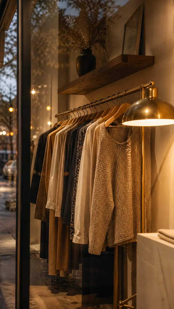 Vitrine de uma loja de roupas iluminada ao anoitecer