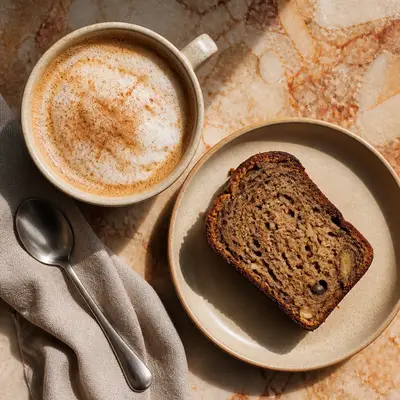 Cappuccino ao lado de uma fatia de bolo